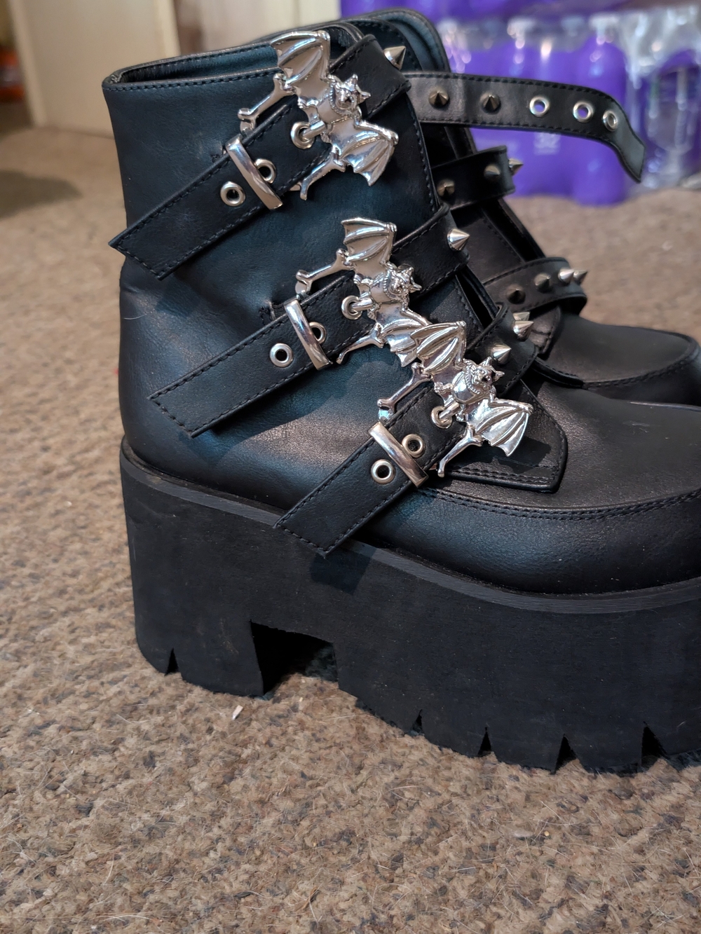 Demonia Black Platform Ankle Boots with Silver Bat Buckles